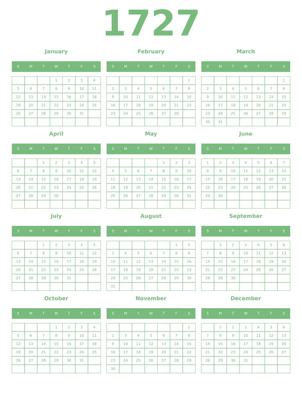 Printable 1727 Year Calendars celadon