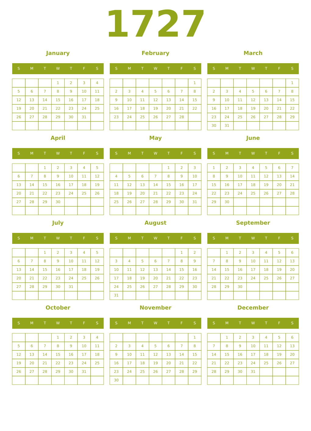Printable 1727 Year Calendars chartreuse