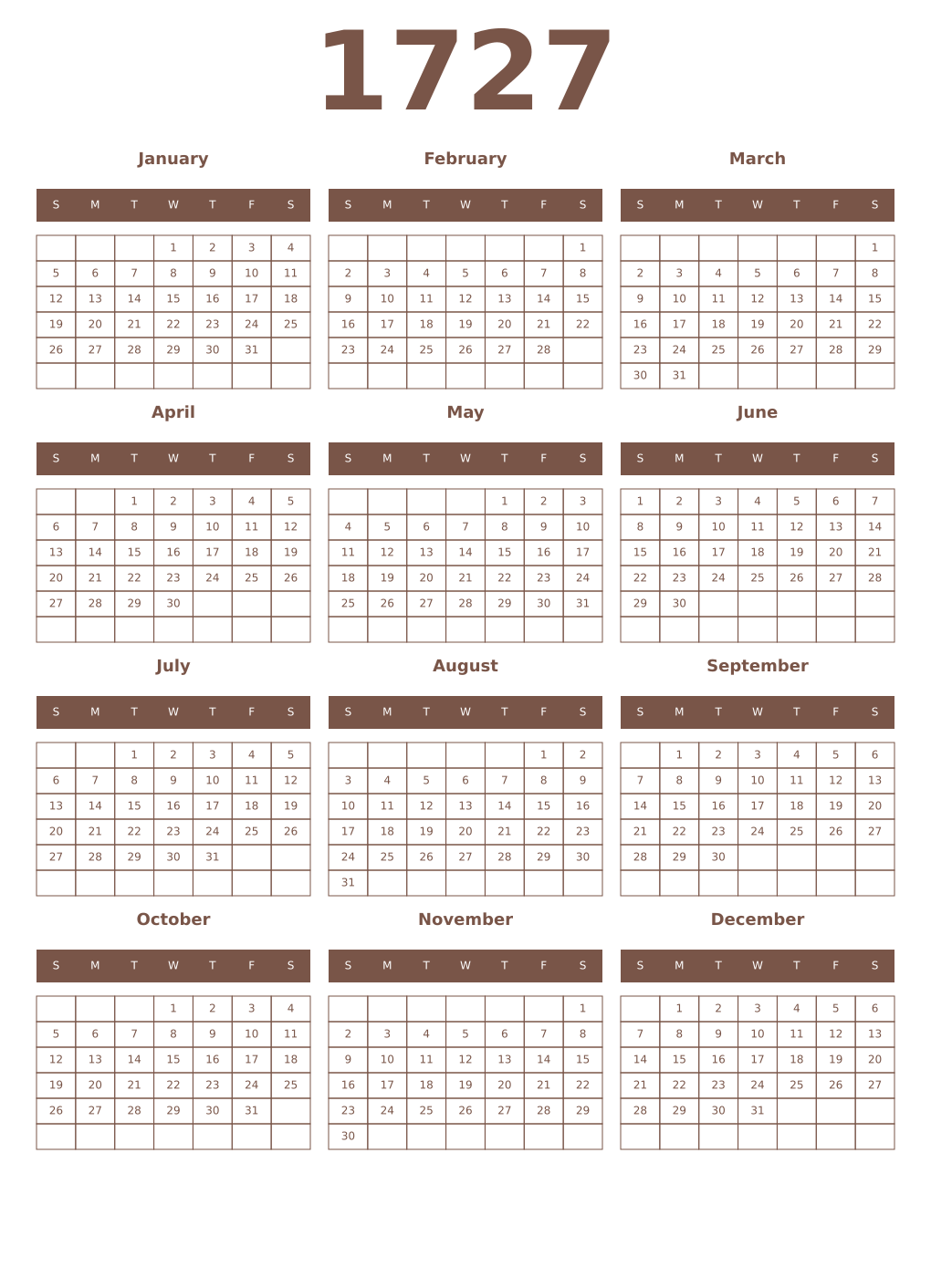 Printable 1727 Year Calendars coffe