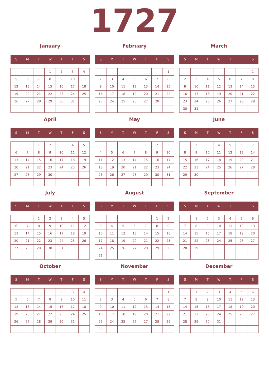 Printable 1727 Year Calendars cordovan