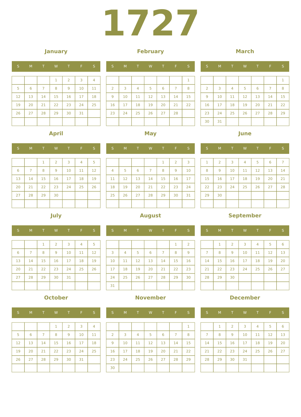 Printable 1727 Year Calendars eburnean