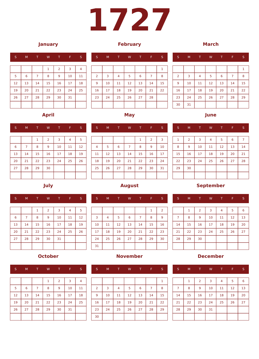 Printable 1727 Year Calendars falu