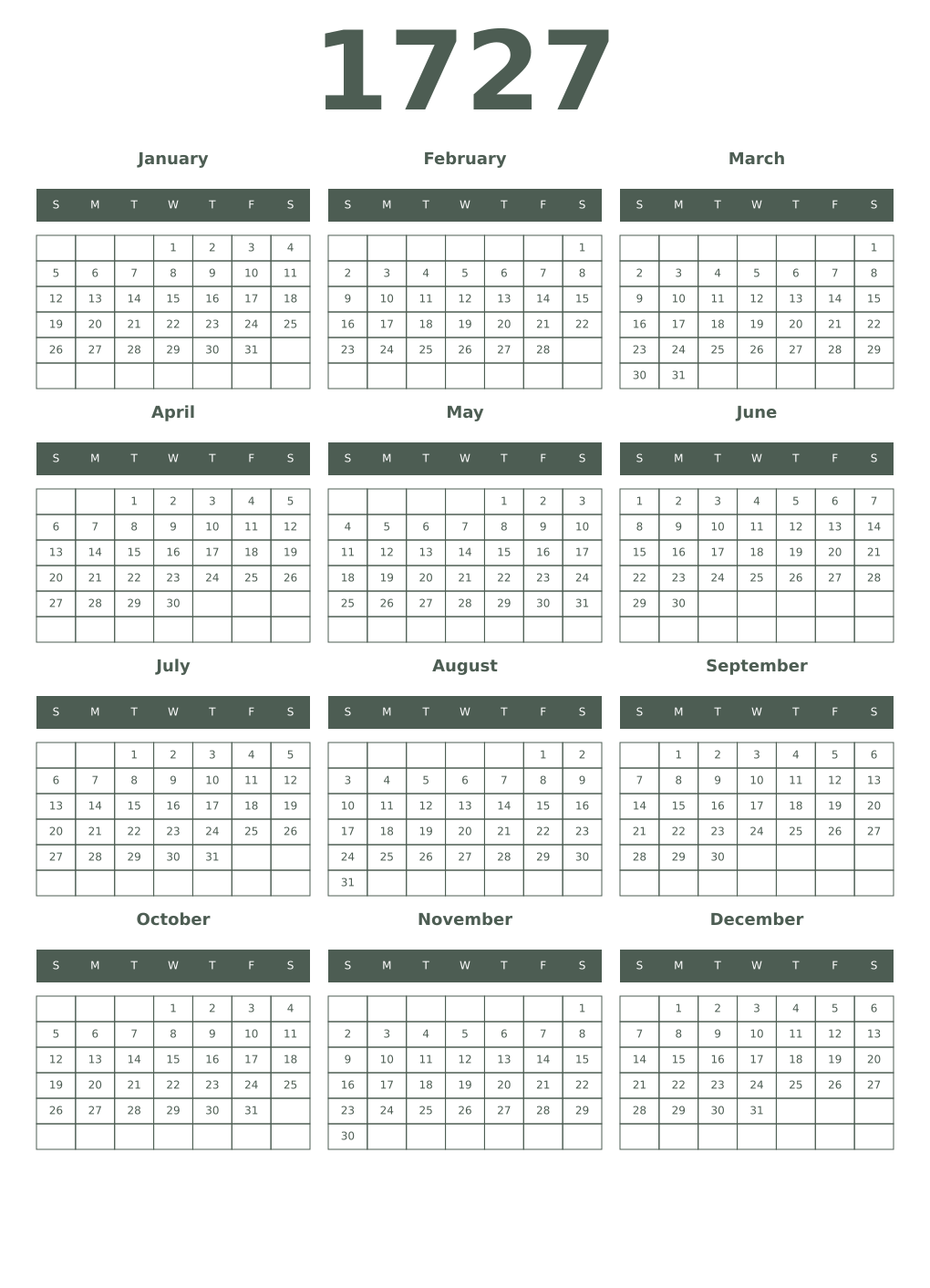 Printable 1727 Year Calendars feldgrau