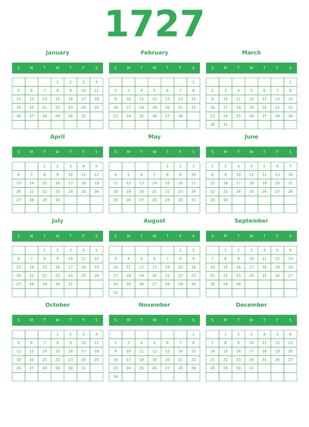 Printable 1727 Year Calendars green