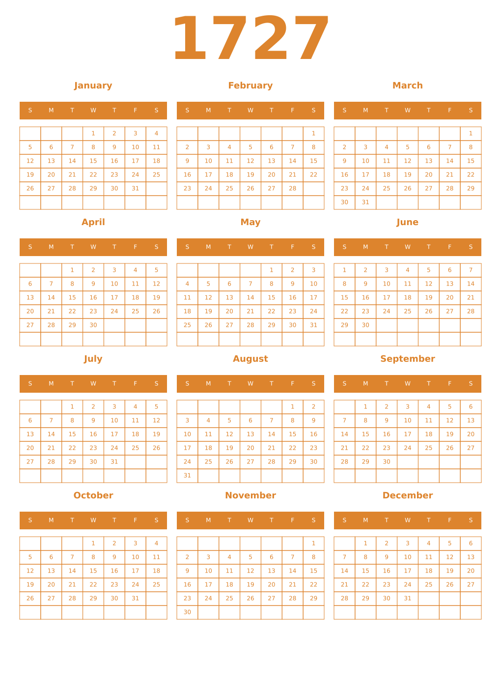 Printable 1727 Year Calendars orange