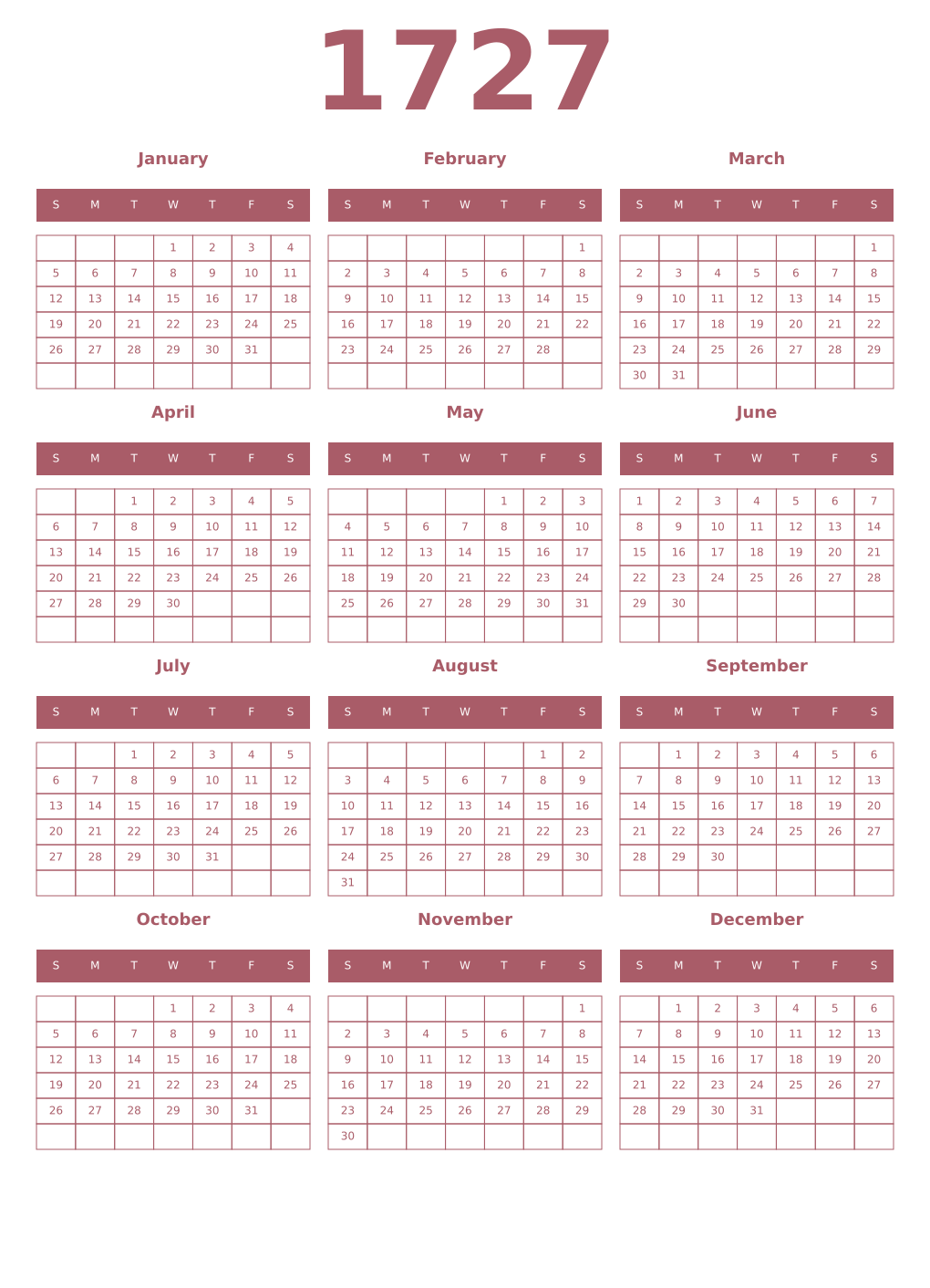 Printable 1727 Year Calendars puce