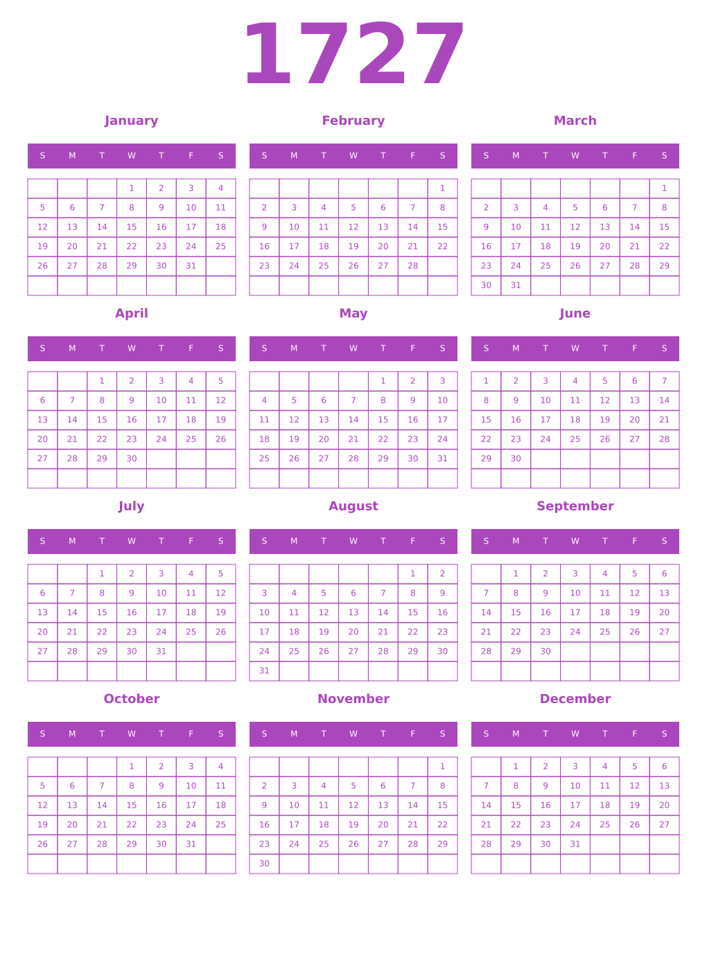 Printable 1727 Year Calendars purple