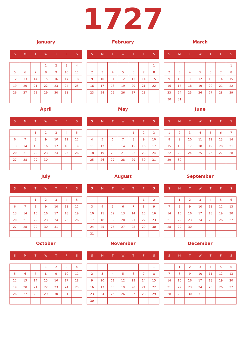 Printable 1727 Year Calendars red