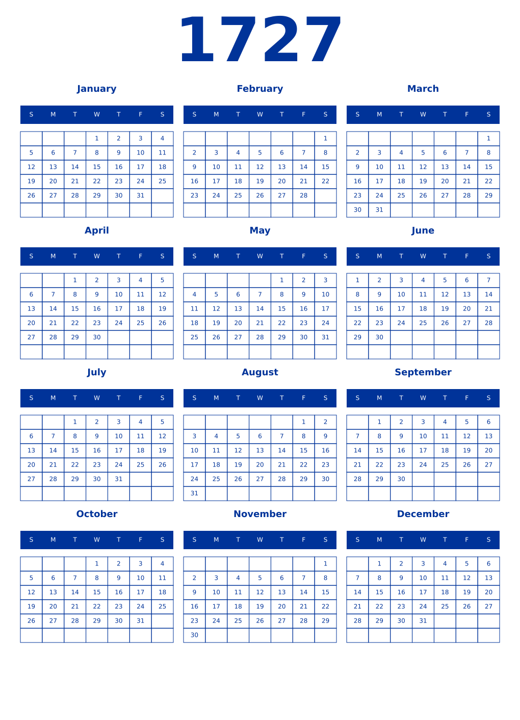 Printable 1727 Year Calendars smalt