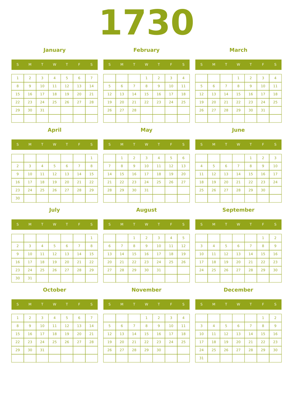 Printable 1730 Year Calendars chartreuse