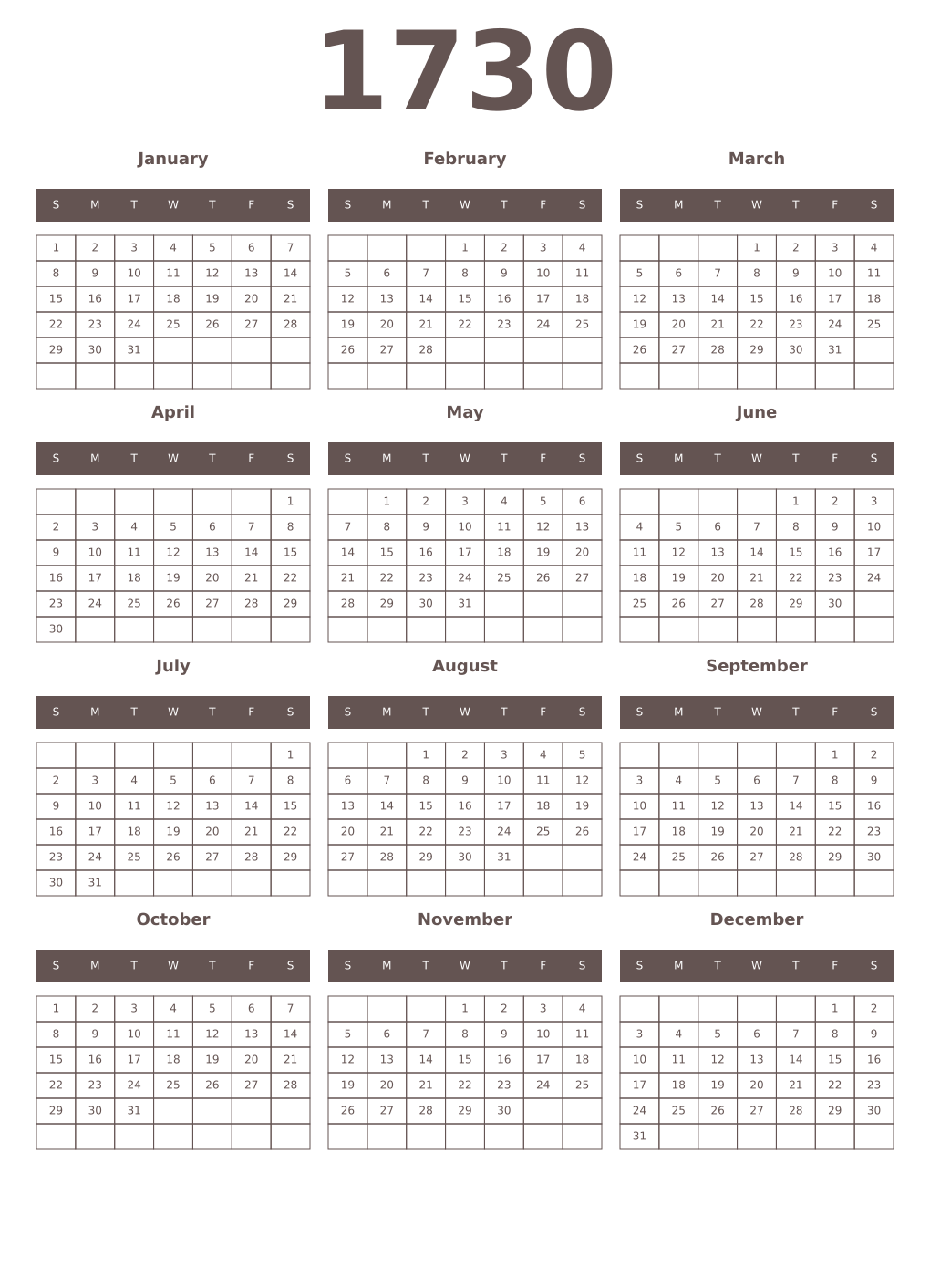 Printable 1730 Year Calendars wenge