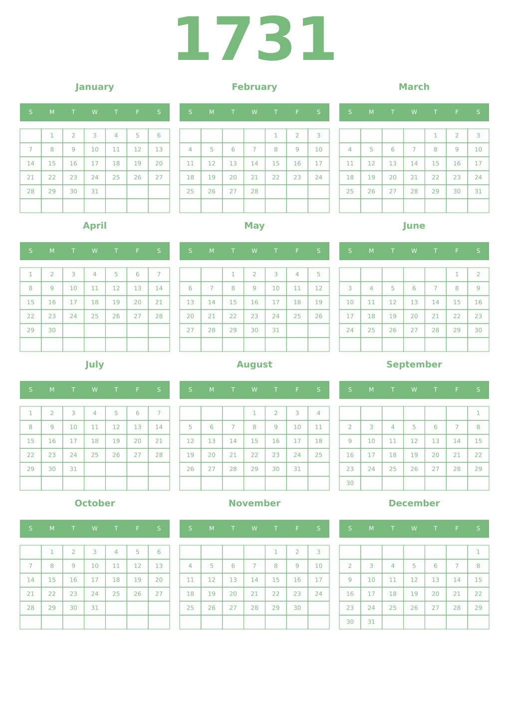 Printable 1731 Year Calendars celadon