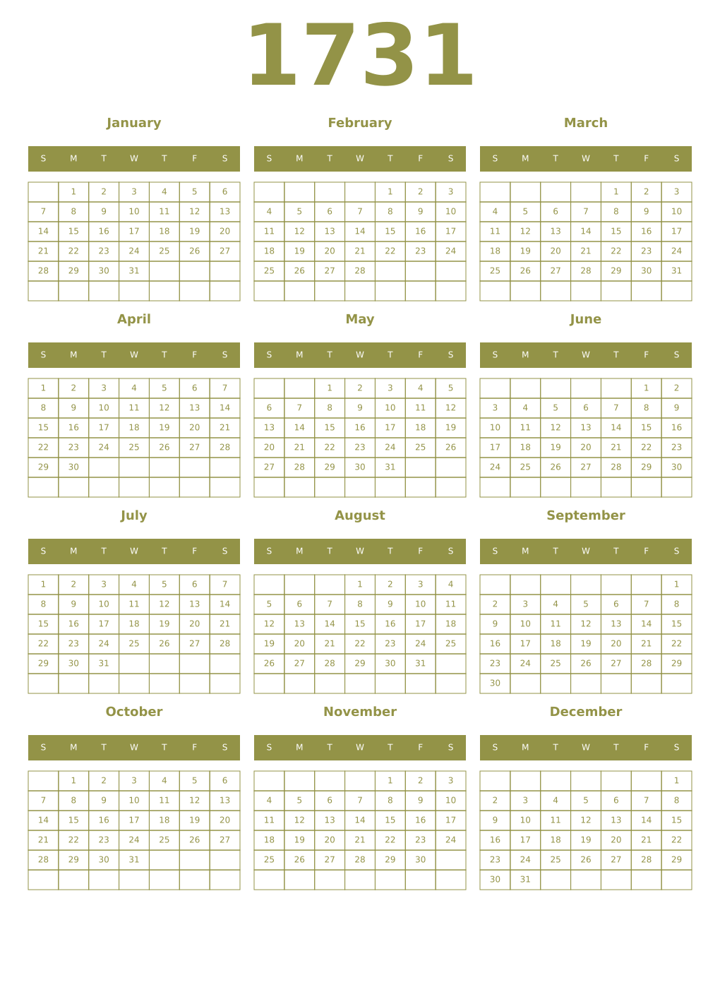 Printable 1731 Year Calendars eburnean