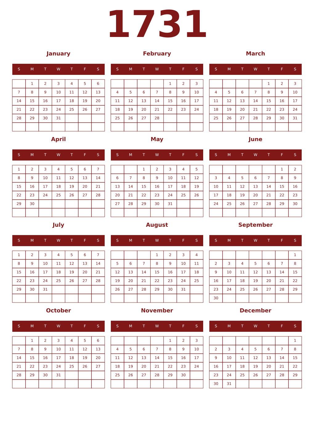 Printable 1731 Year Calendars falu