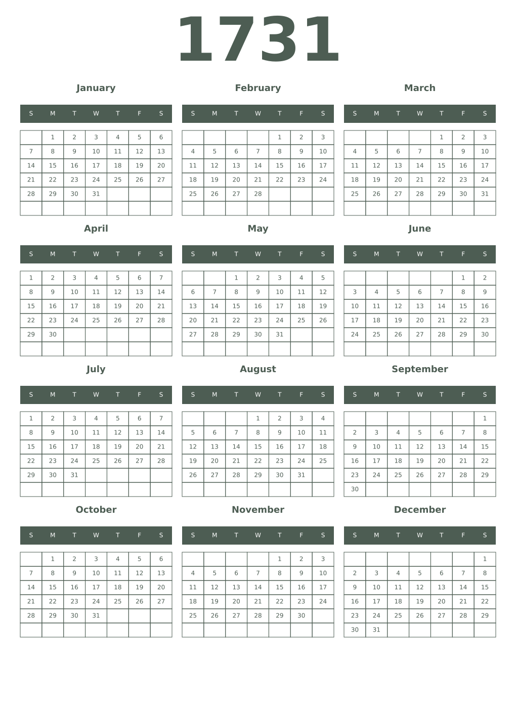 Printable 1731 Year Calendars feldgrau