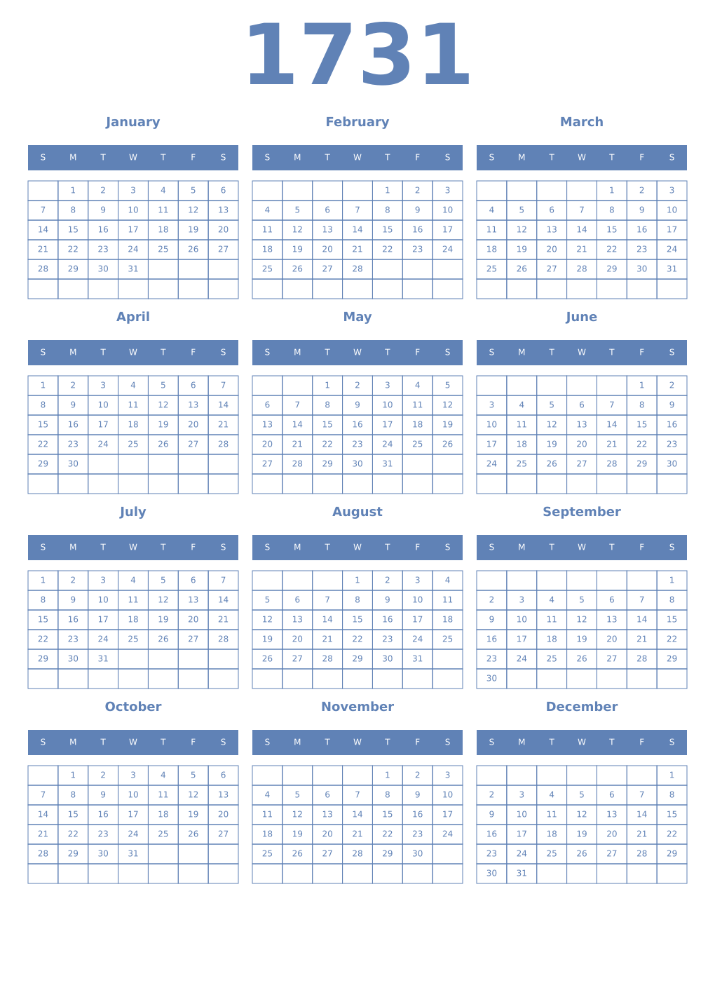 Printable 1731 Year Calendars glaucous