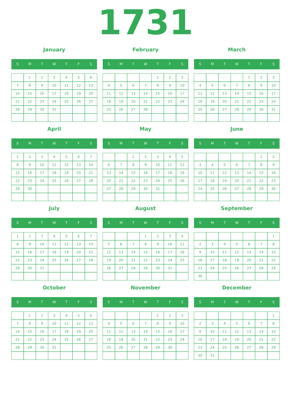 Printable 1731 Year Calendars green