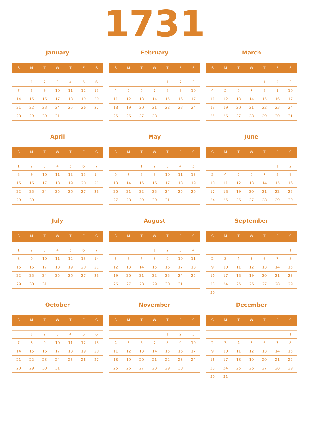 Printable 1731 Year Calendars orange