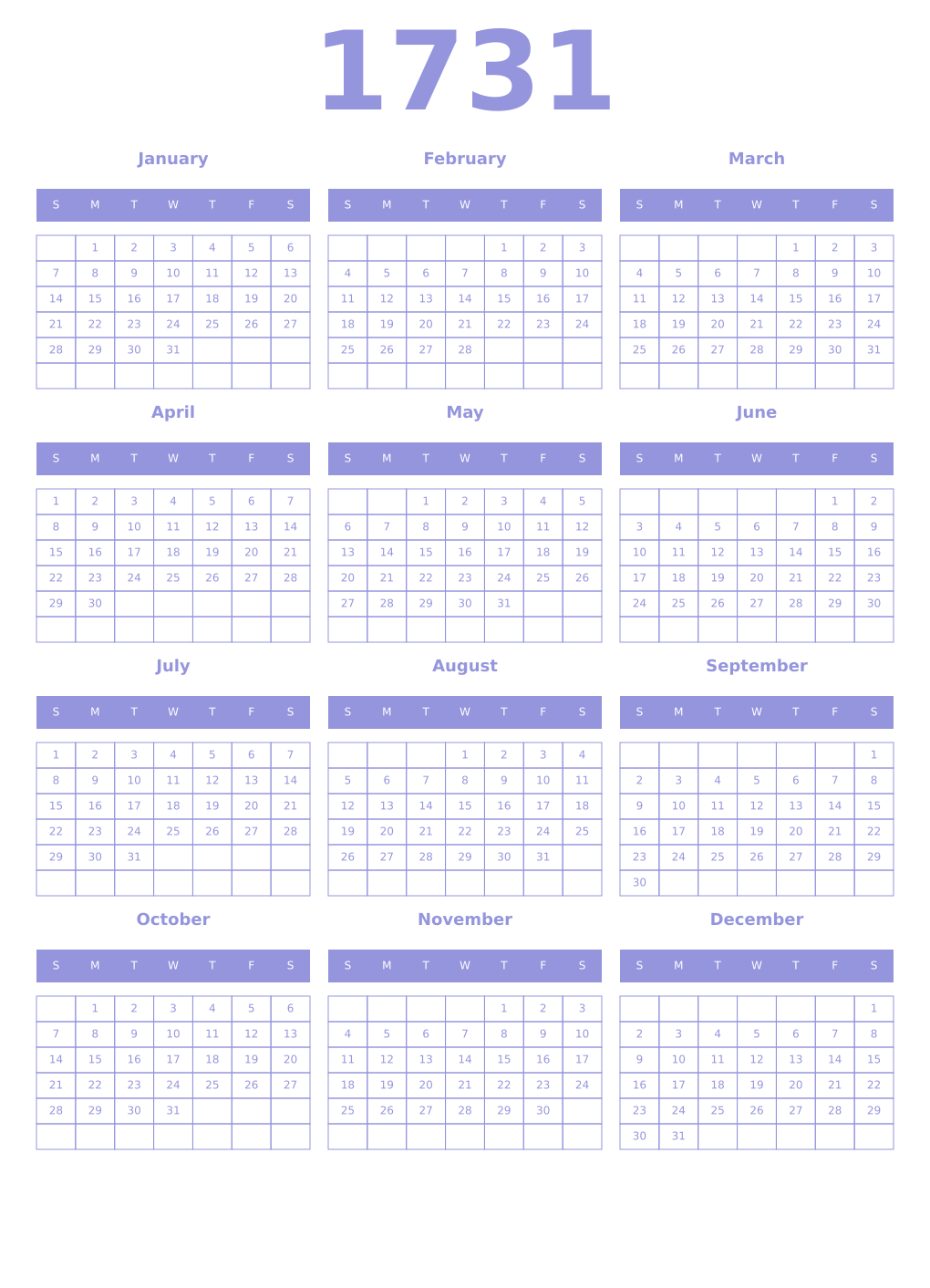 Printable 1731 Year Calendars periwinkle
