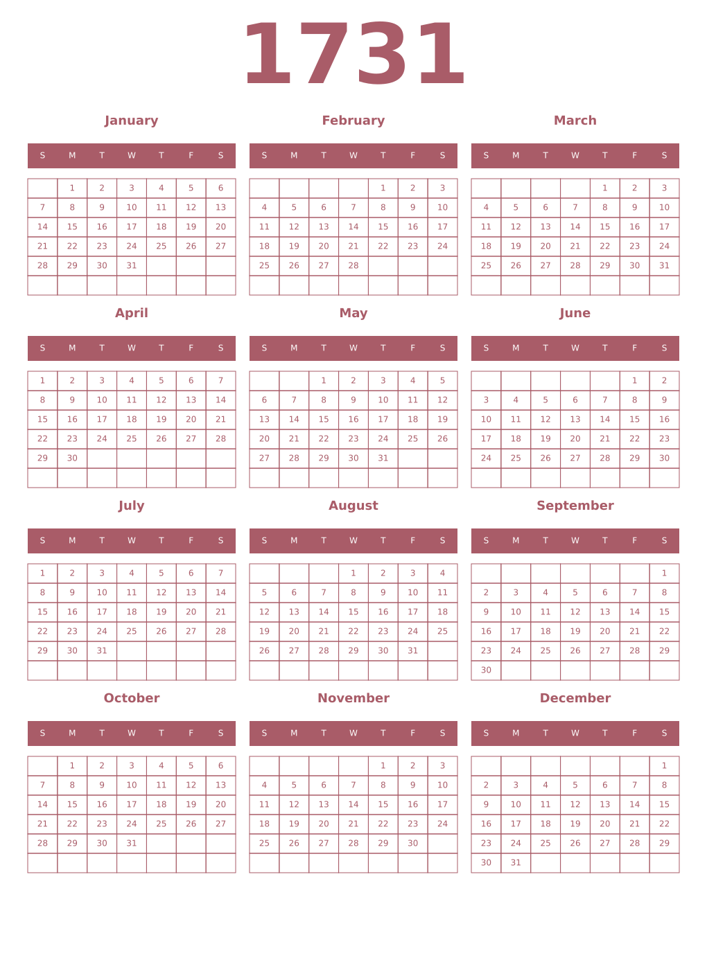 Printable 1731 Year Calendars puce
