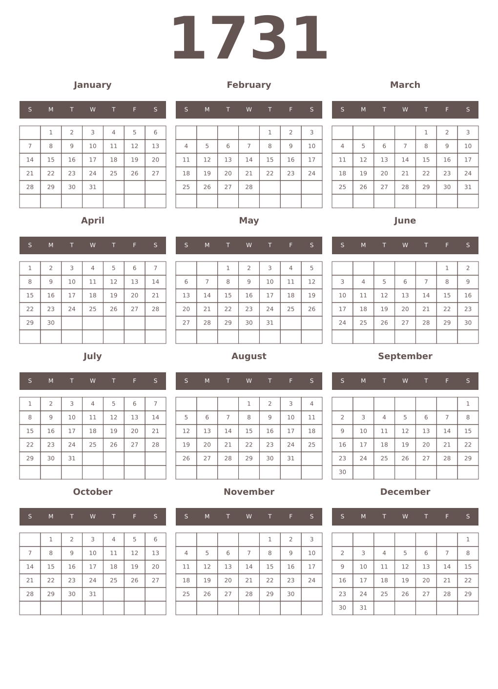 Printable 1731 Year Calendars wenge