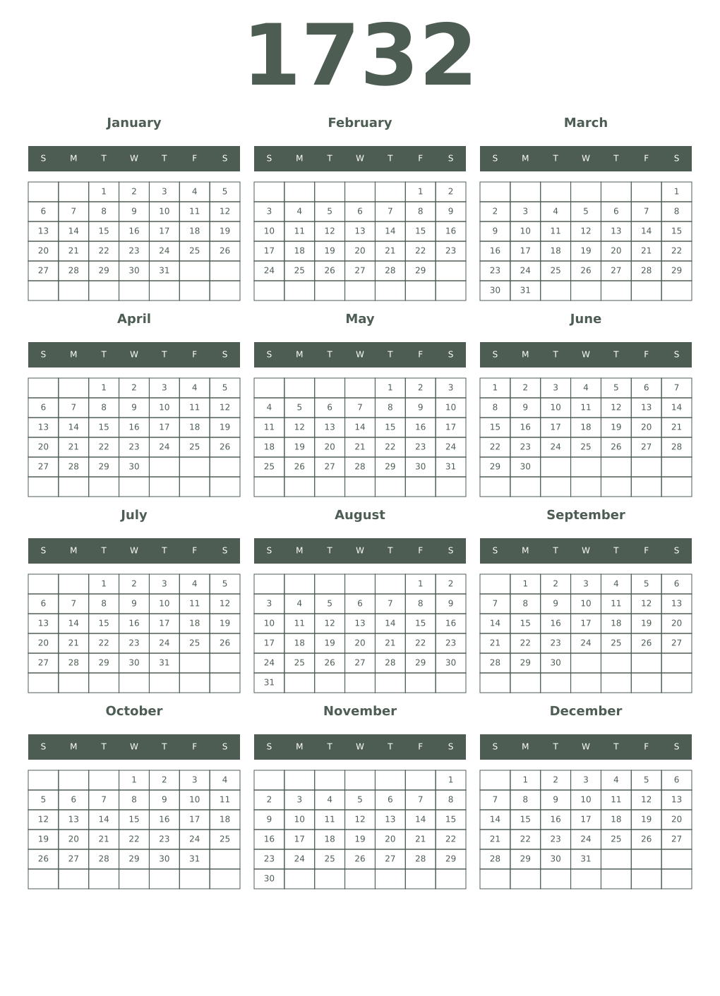 Printable 1732 Year Calendars feldgrau