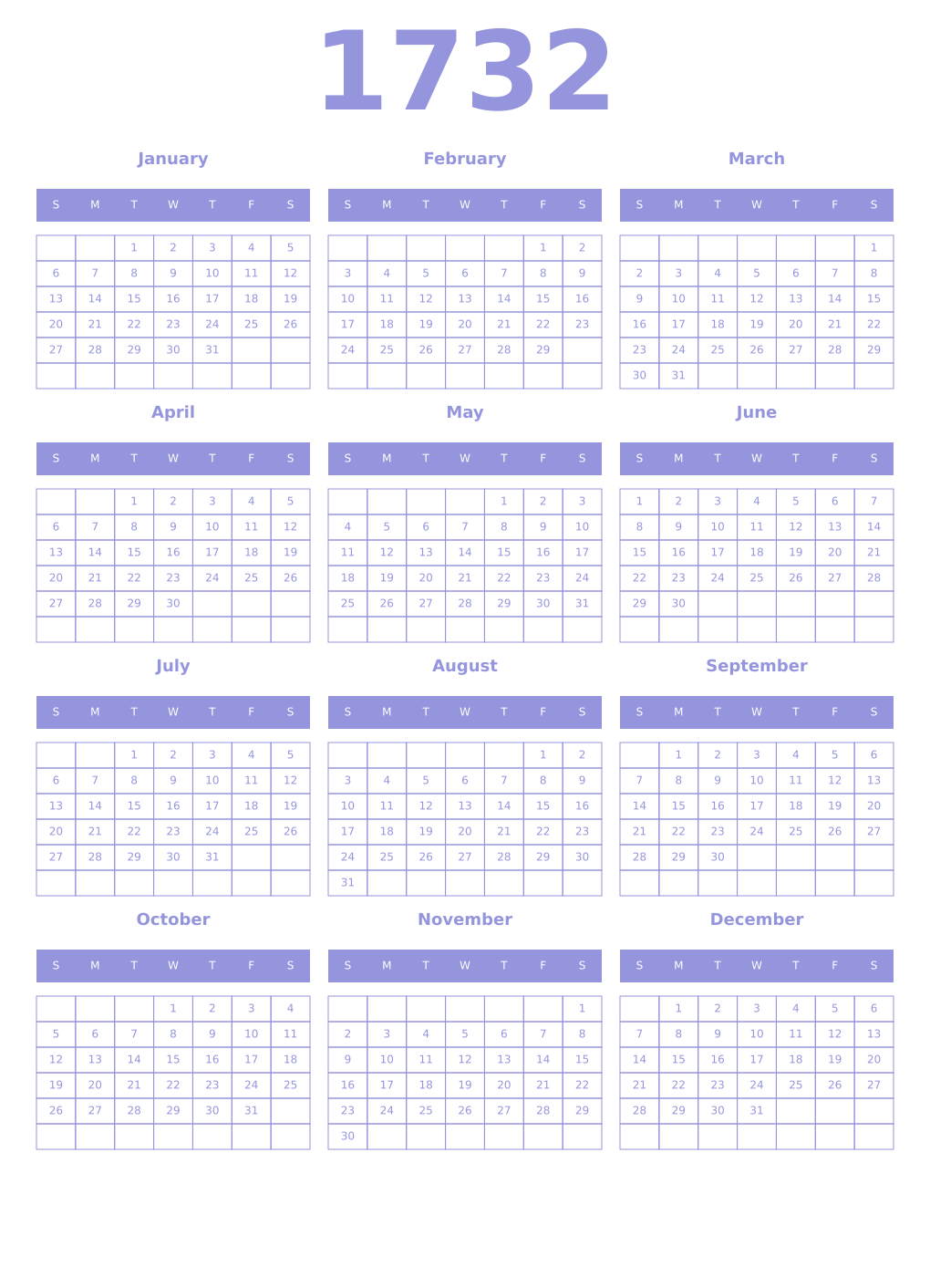 Printable 1732 Year Calendars periwinkle