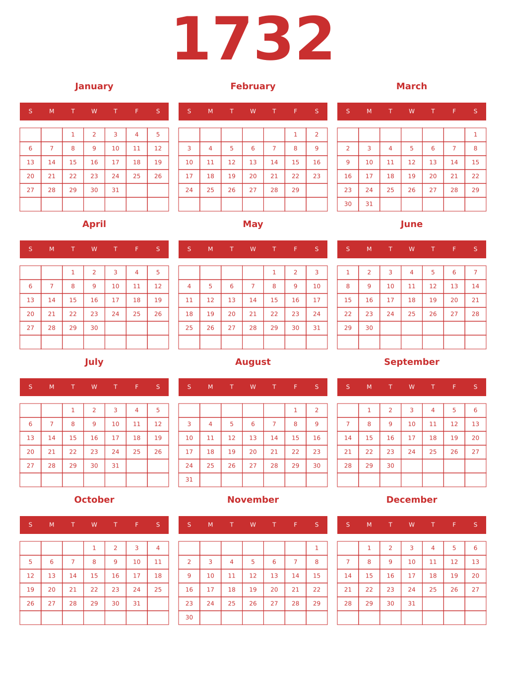 Printable 1732 Year Calendars red