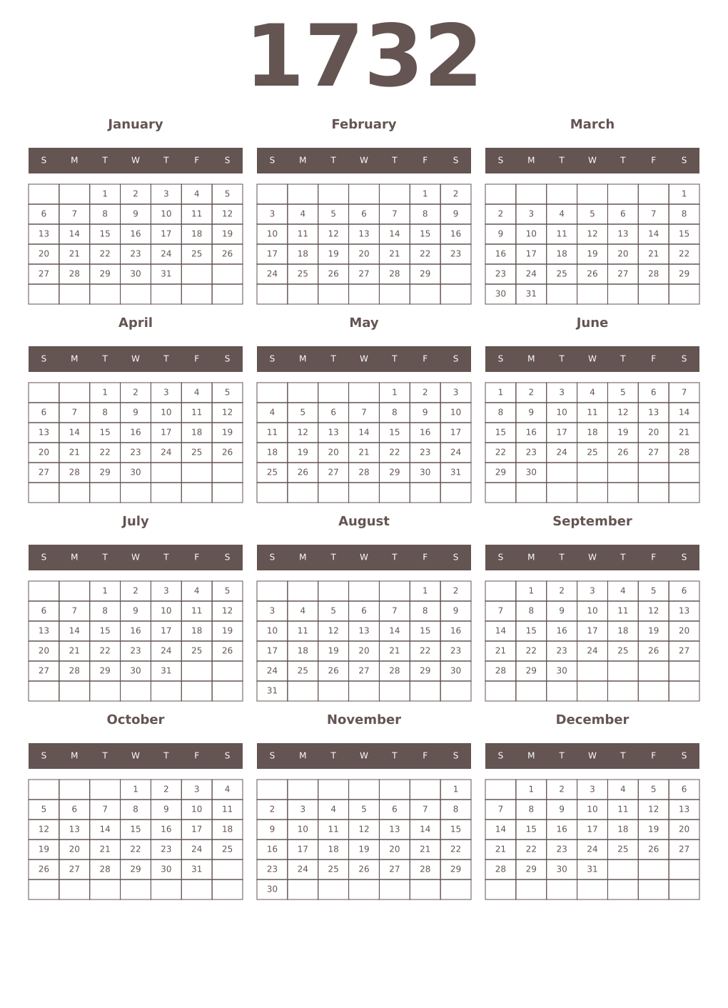 Printable 1732 Year Calendars wenge