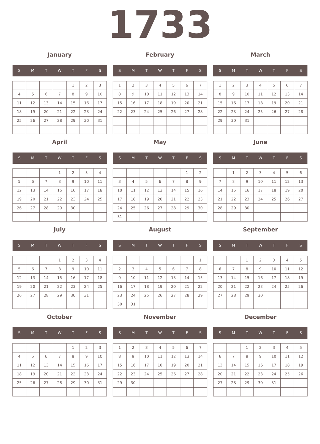 Printable 1733 Year Calendars wenge