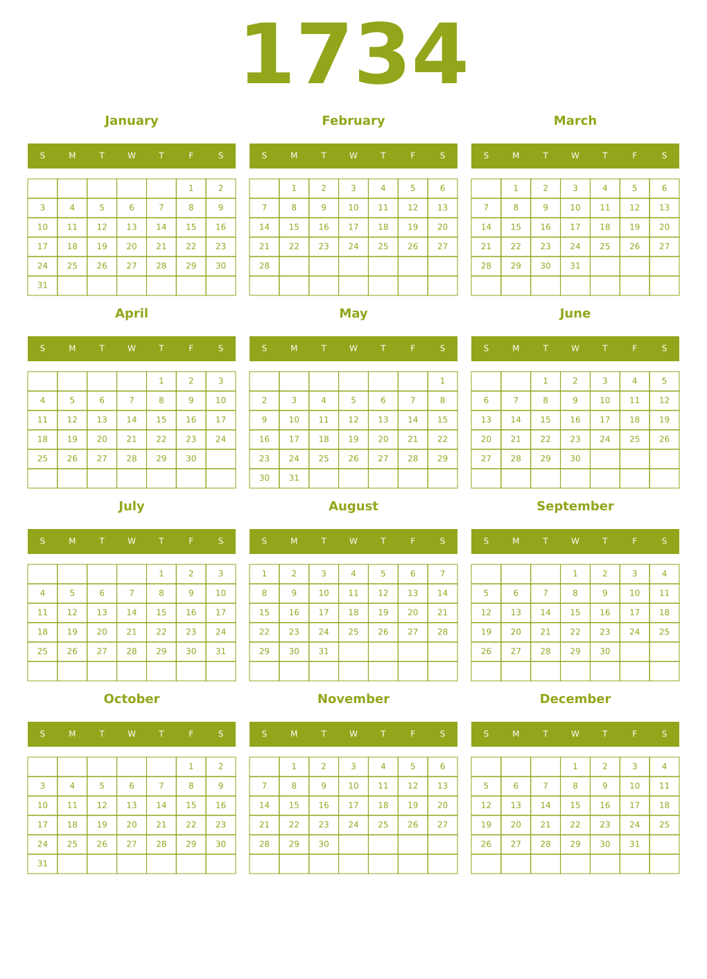 Printable 1734 Year Calendars chartreuse