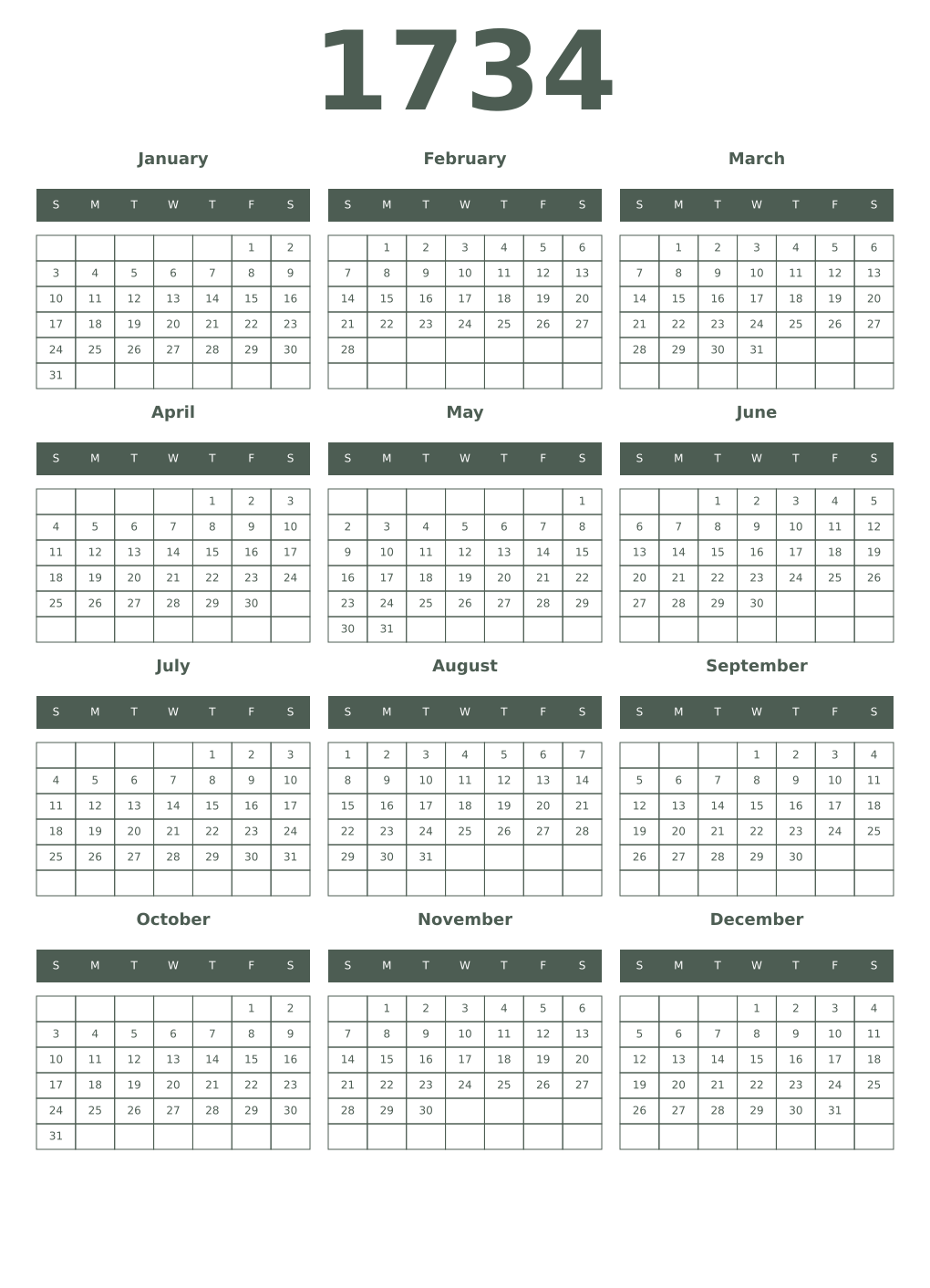 Printable 1734 Year Calendars feldgrau
