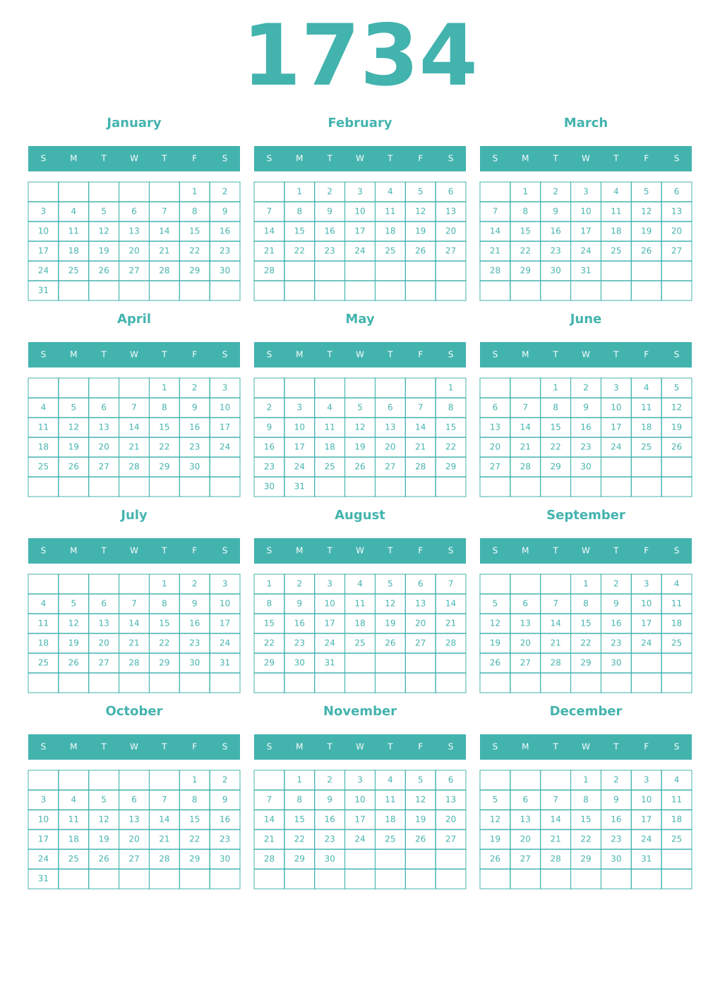 Printable 1734 Year Calendars verdigris