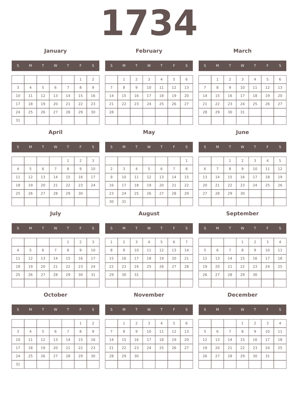 Printable 1734 Year Calendars wenge