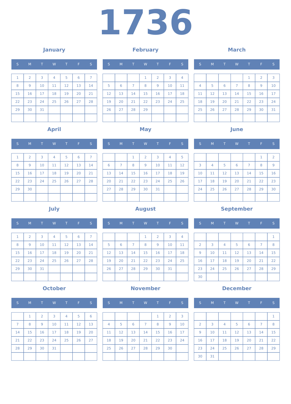 Printable 1736 Year Calendars glaucous