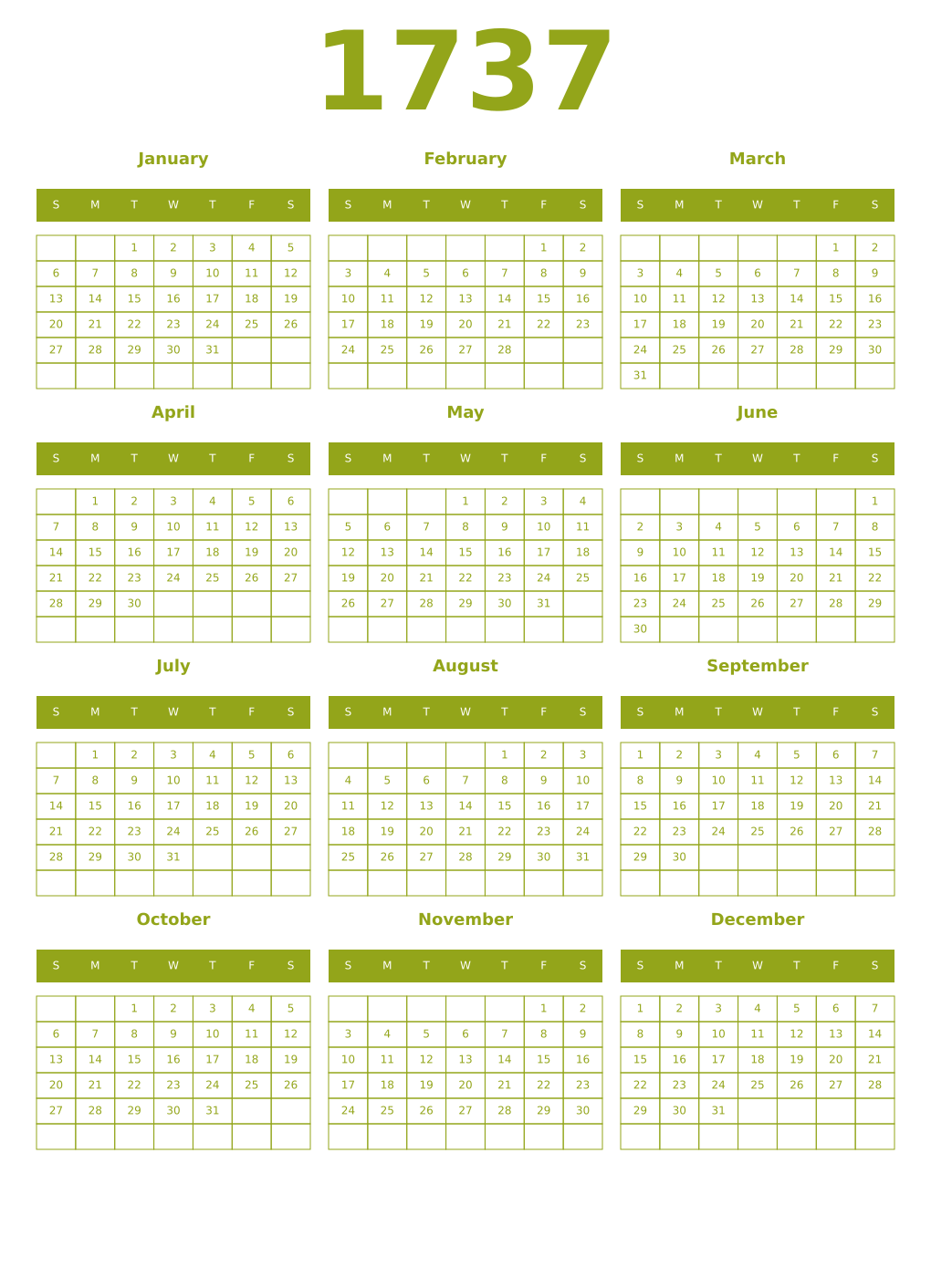 Printable 1737 Year Calendars chartreuse