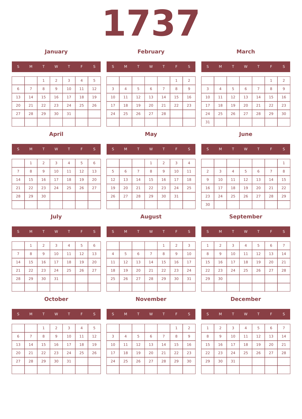 Printable 1737 Year Calendars cordovan