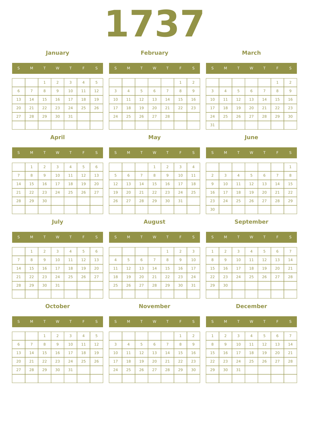 Printable 1737 Year Calendars eburnean