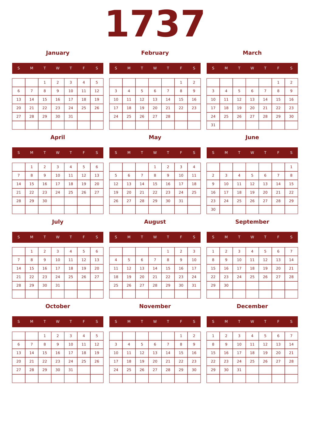Printable 1737 Year Calendars falu