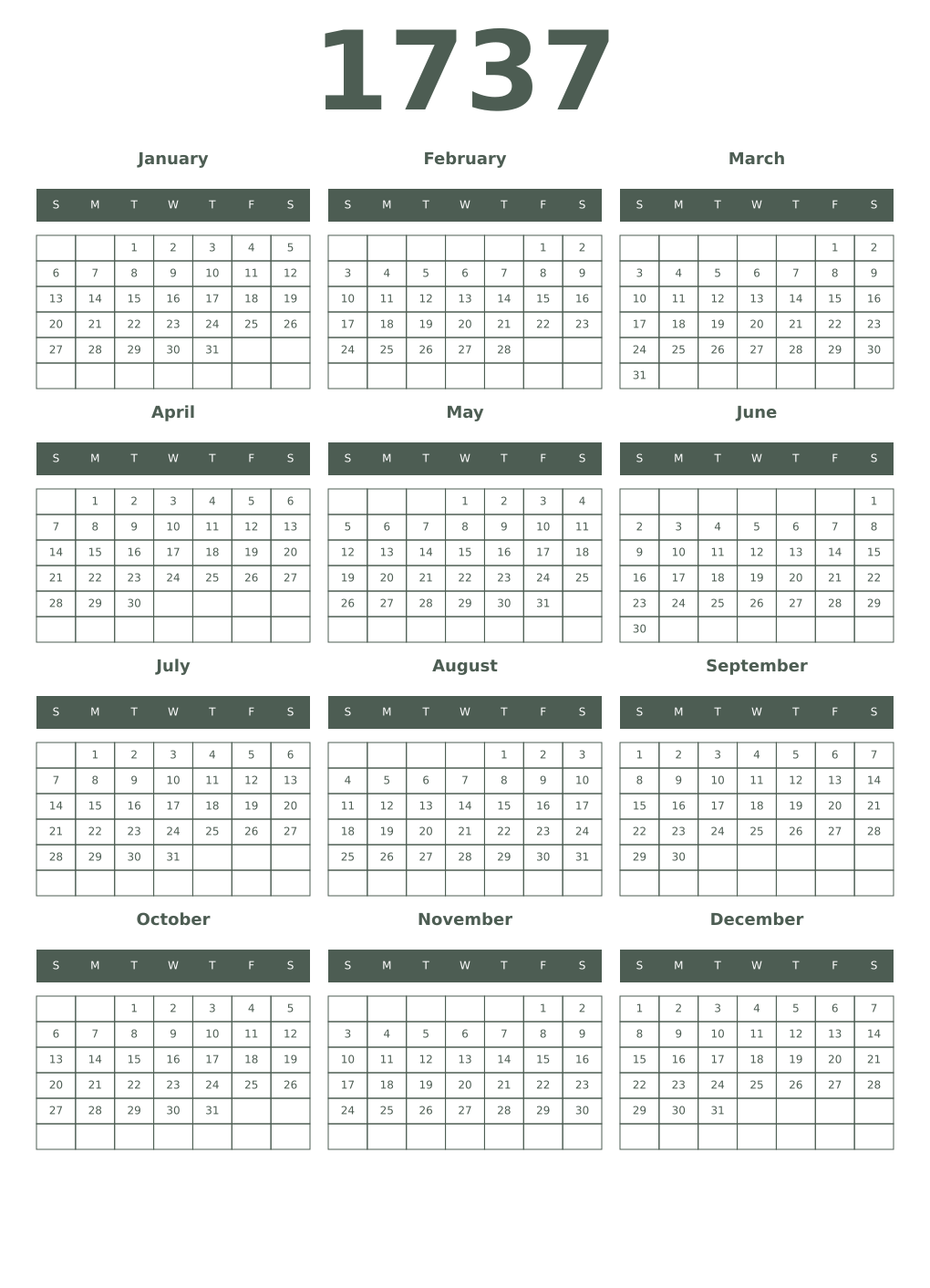 Printable 1737 Year Calendars feldgrau