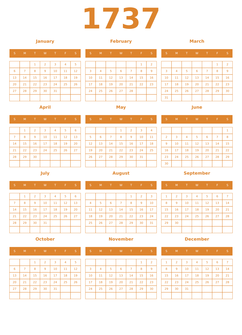 Printable 1737 Year Calendars orange