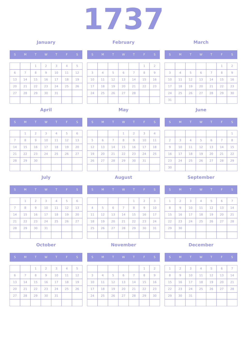 Printable 1737 Year Calendars periwinkle