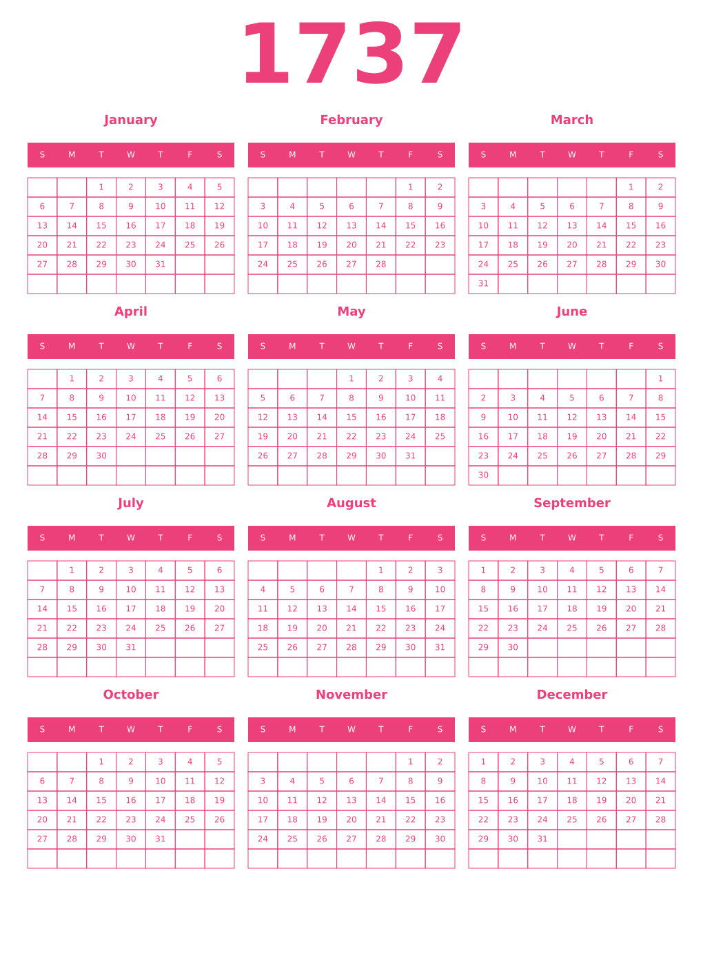 Printable 1737 Year Calendars pink