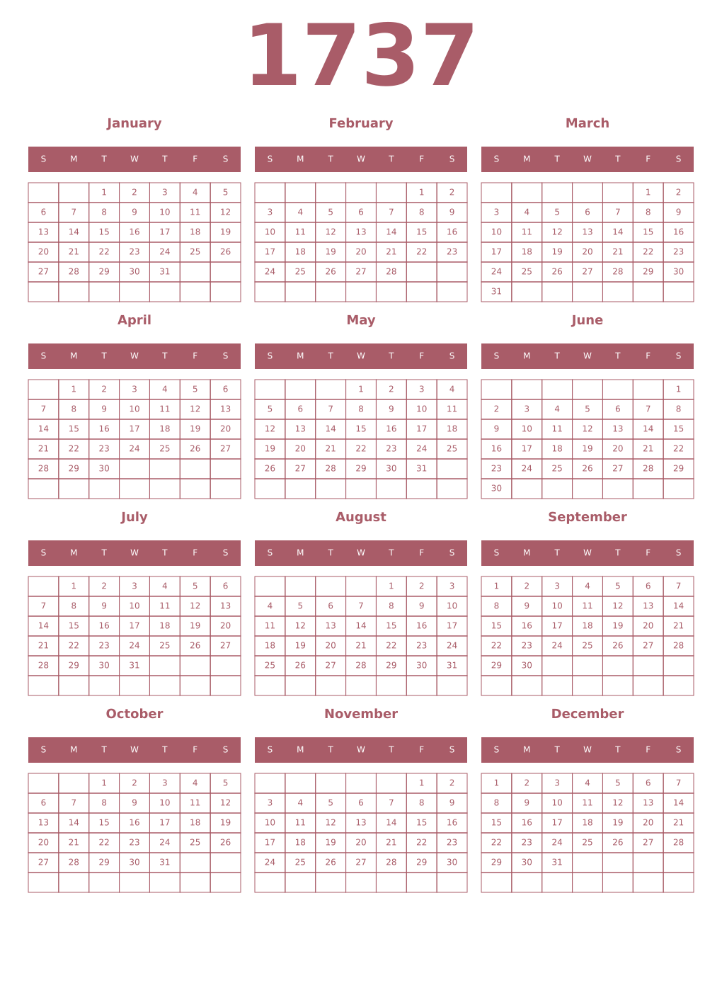 Printable 1737 Year Calendars puce