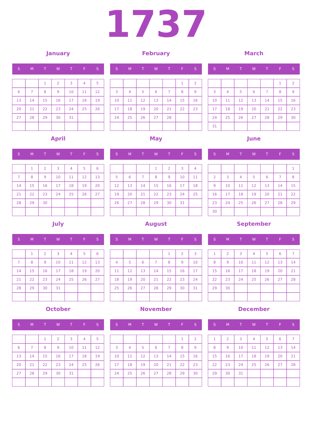 Printable 1737 Year Calendars purple