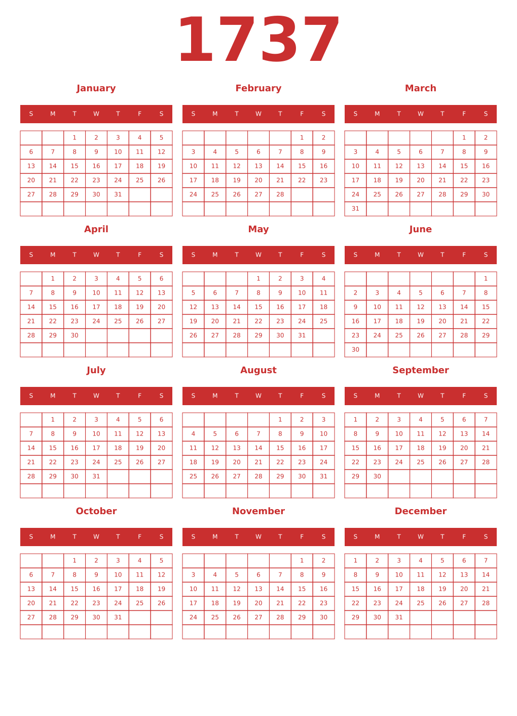 Printable 1737 Year Calendars red