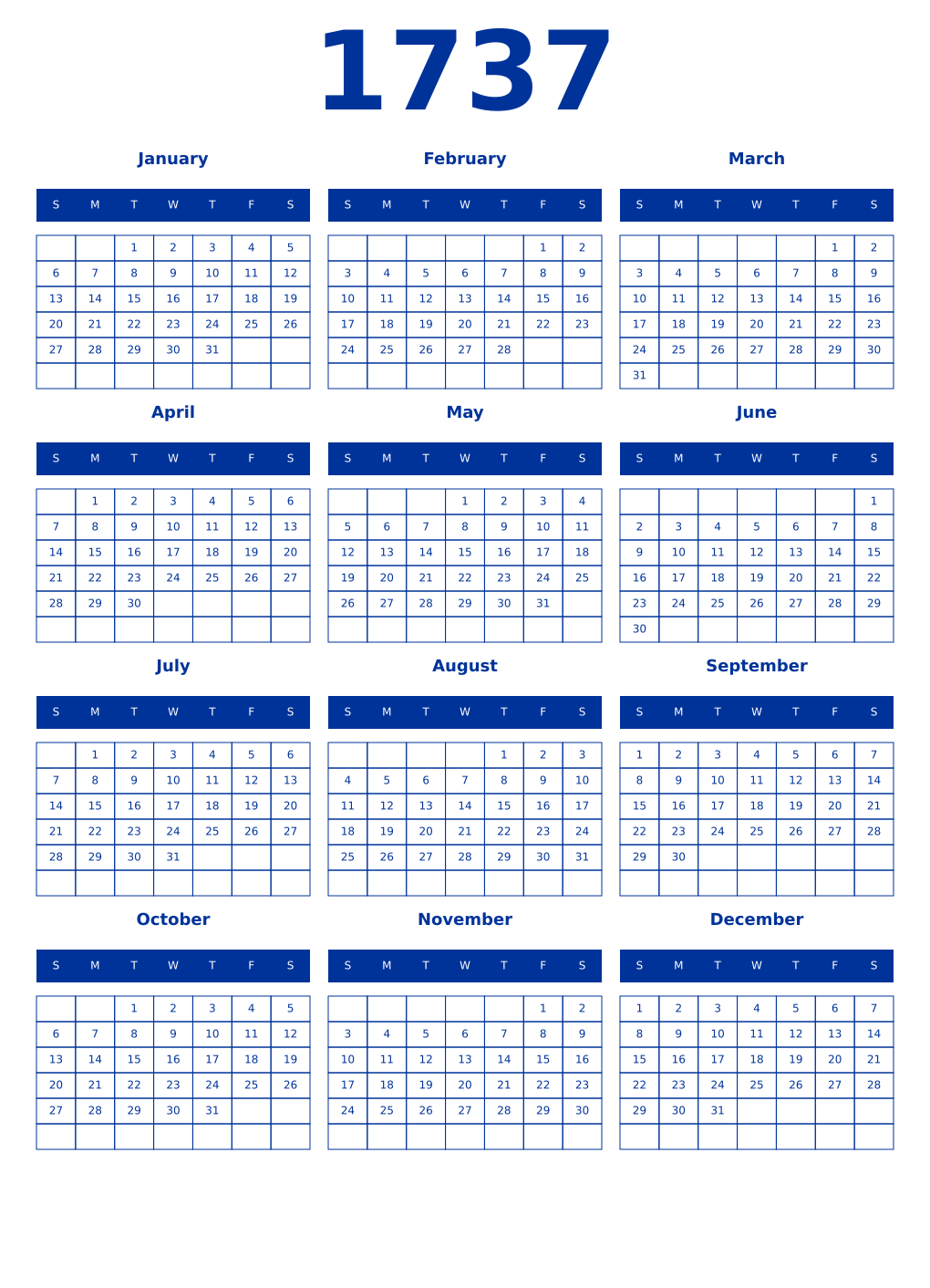 Printable 1737 Year Calendars smalt