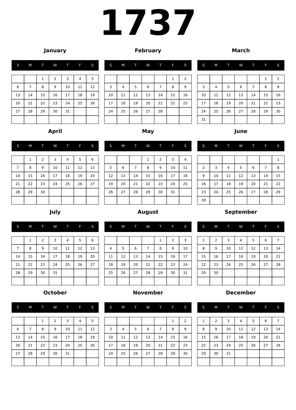 Printable 1737 Calendars