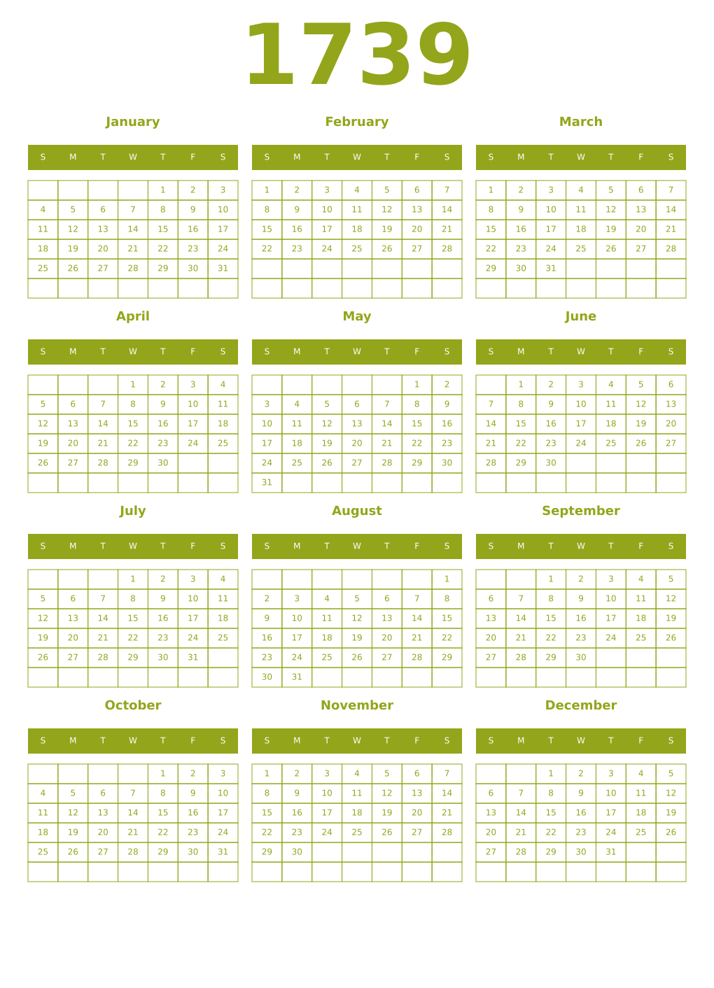 Printable 1739 Year Calendars chartreuse