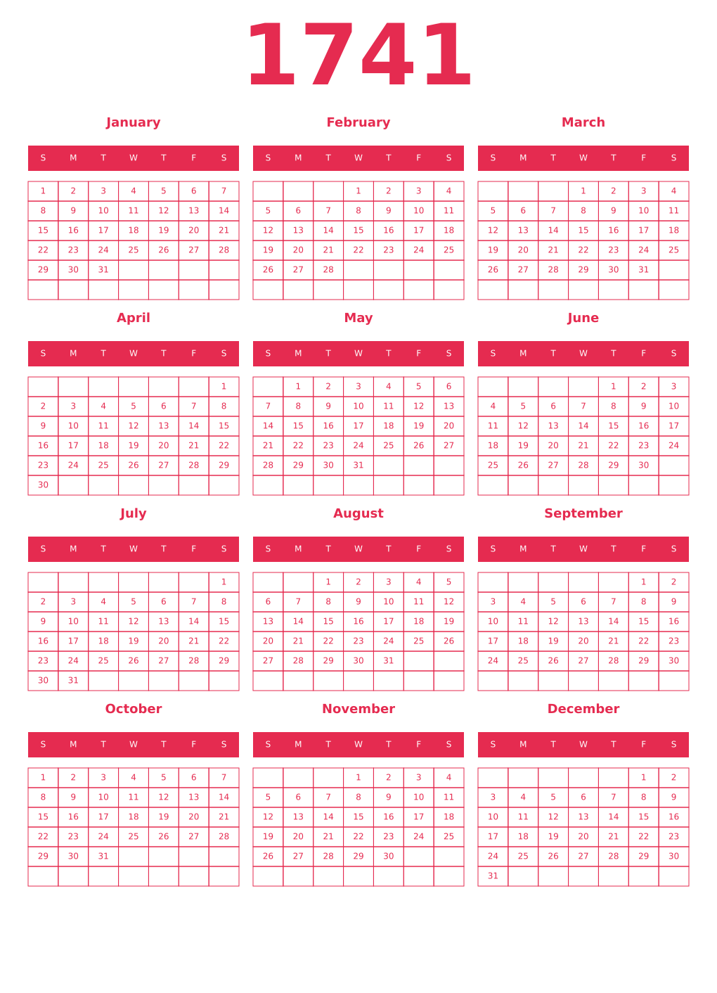 Printable 1741 Year Calendars amaranth